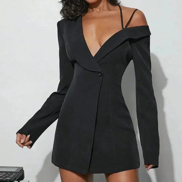 Black Elegant Women's Sexy Solid Asymmetrical Blazer Mini Dress